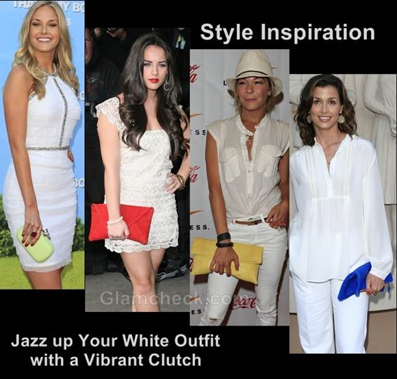 Style inspiration white outfit vibrant clutch