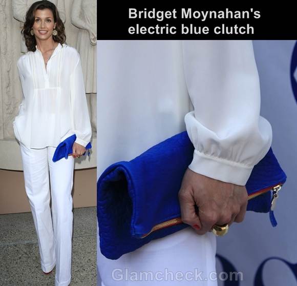 electric blue clutch with white outfit bridget moynahan