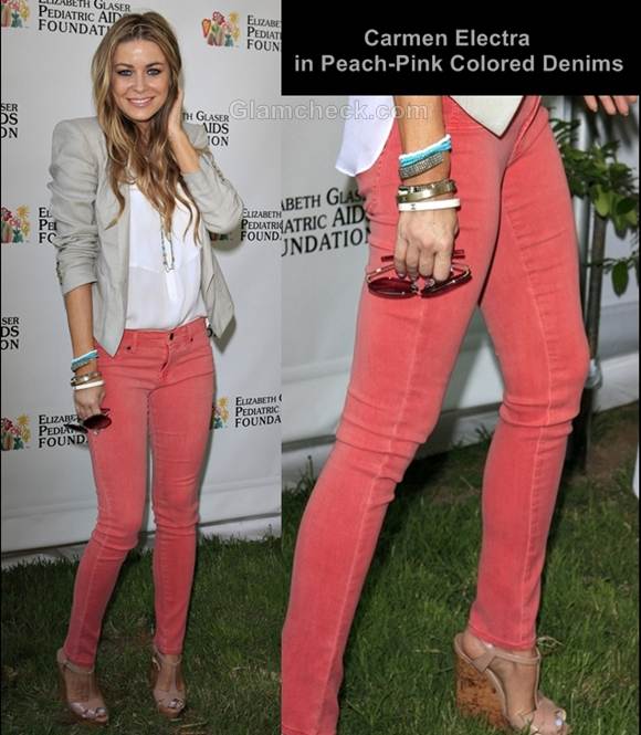 peach pink colored denims style carmen electra