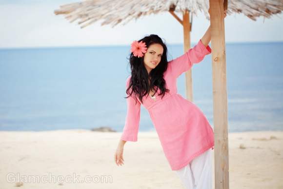 wearing pink and white beach