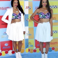 Kat Graham white skirt Floral Bra Top at Power of Youth 2012