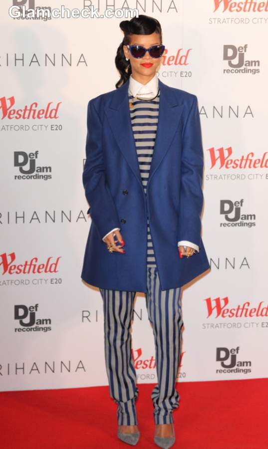 Rihanna stripe outfit 2012 Switch on Westfield X’mas Lights