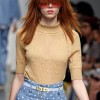 Get The Look beige knit top with blue wide legged polka dot pants