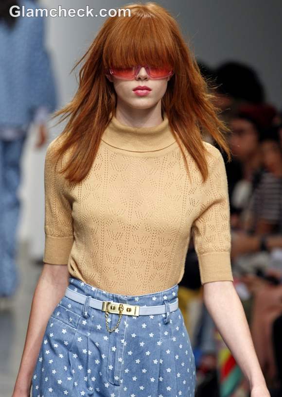 Get The Look beige knit top with blue wide legged polka dot pants