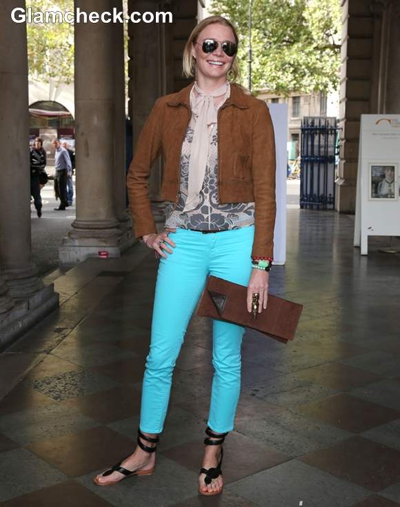 Fashion Inspiration Jodie Kidd Casual Chic in Neon Blue Jeans at LFW S-S 2013