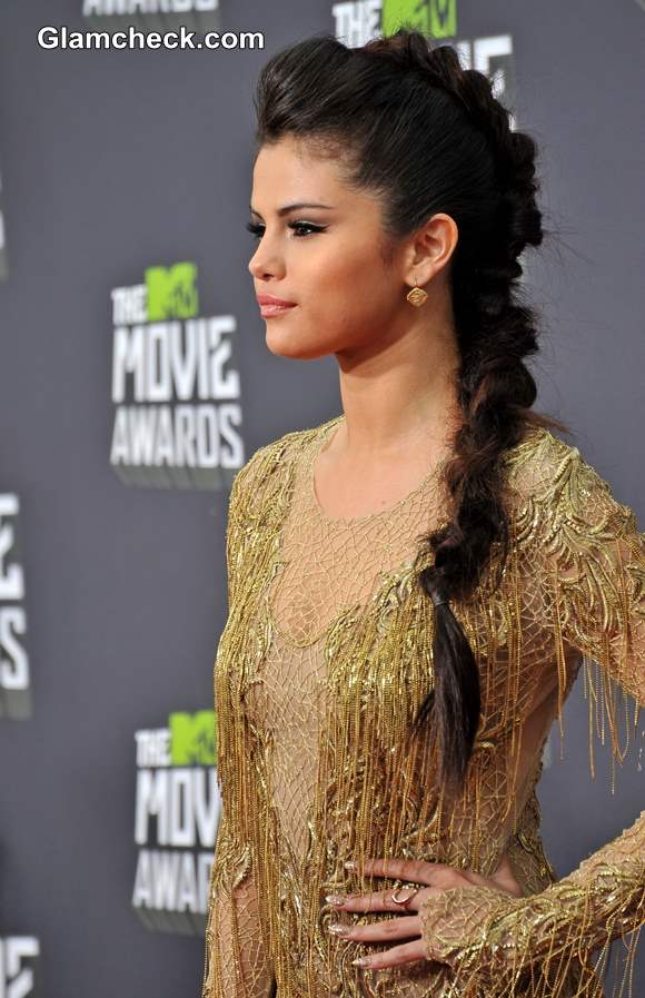 Selena Gomez hairstyle 2013 Quaffed hairdo Chunky Side Braid
