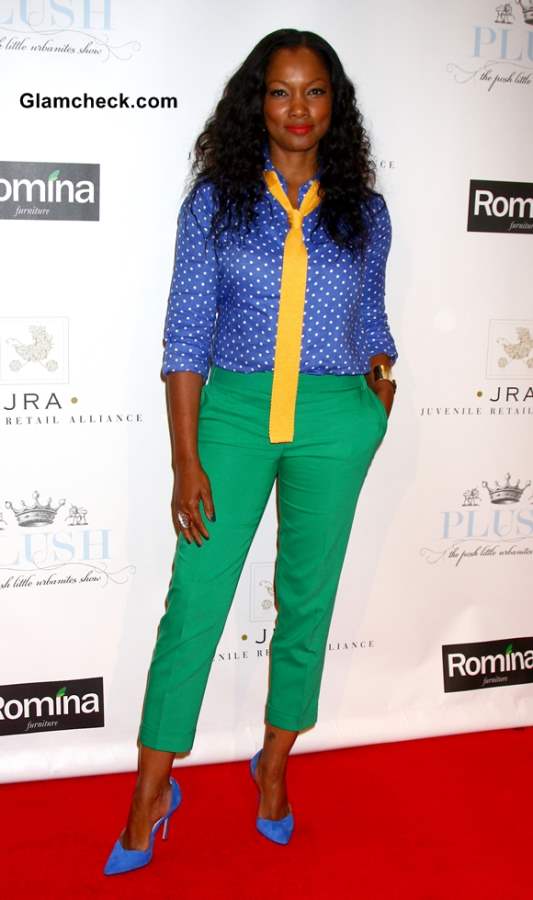 Garcelle Beauvais color blocked outfit green blue