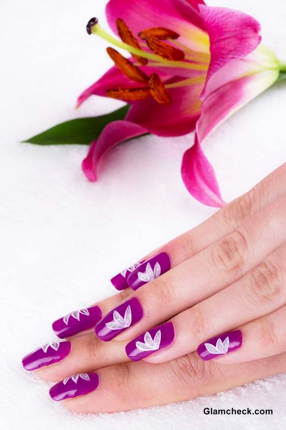 Flower Nail Art DIY White Lotus Motif on Purple Base