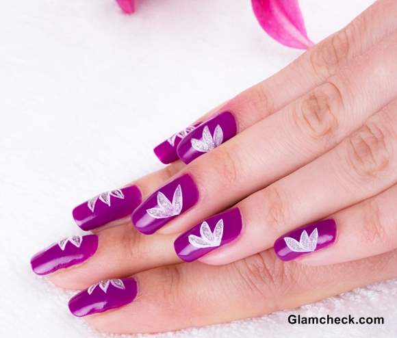 Nail Art DIY White Lotus Motif on Purple Base