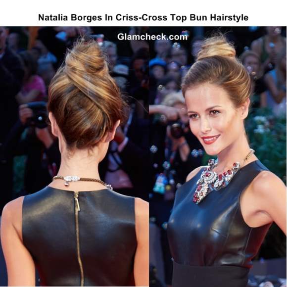 Natalia Borges In Criss-Cross Top Bun Hairstyle