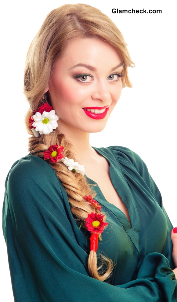 Side Fishtail Braid adorned with flowers