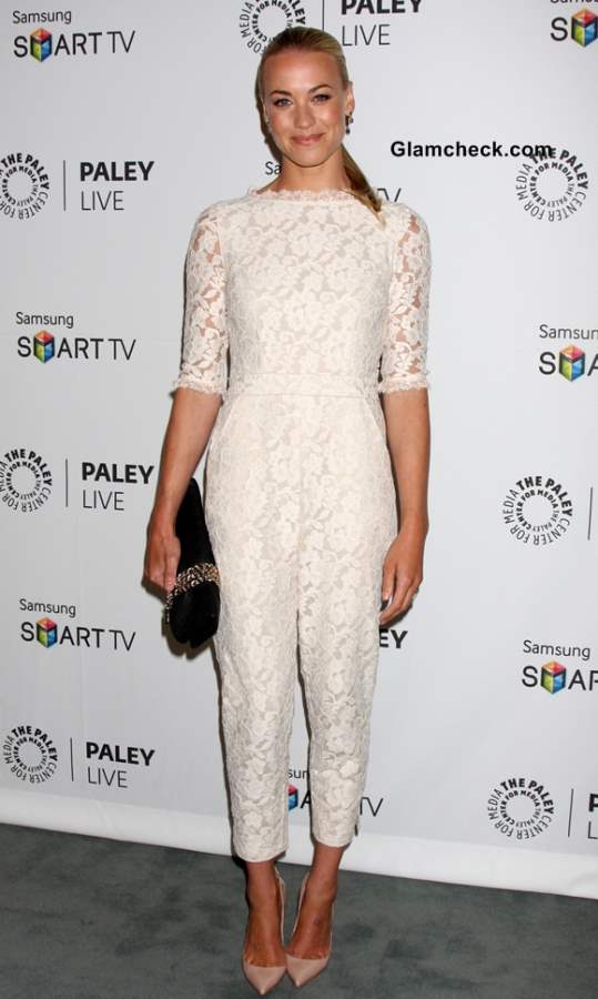 Yvonne Strahovski in ALICE by Temperley White Lace Jumpsuit