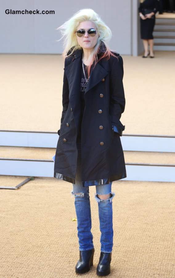 Alison Mosshart in Blue Coat and Ripped Jeans at Burberry Show SS 2013