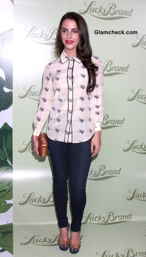 Jessica Lowndes Sports Bird Print Shirt at Lucky Brand Store Opening