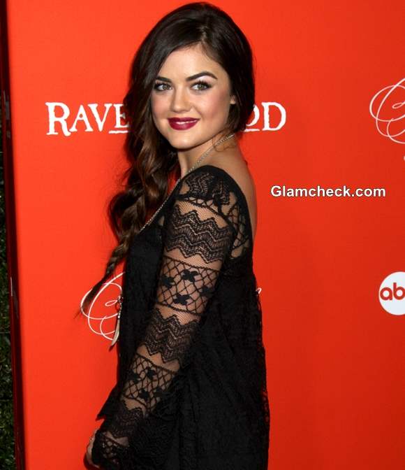 Lucy Hale in Dressy Halloween Black Lace Dress for Pretty Little Liars Screening 2013