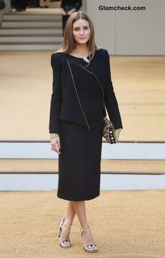 Olivia Palermo in Black and Blue at Burberry Prorsum show LFW SS 14