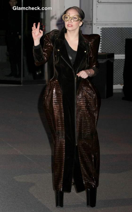 Lady Gaga in Black Flying-theme outfit at ArtPOP Release Party 2013