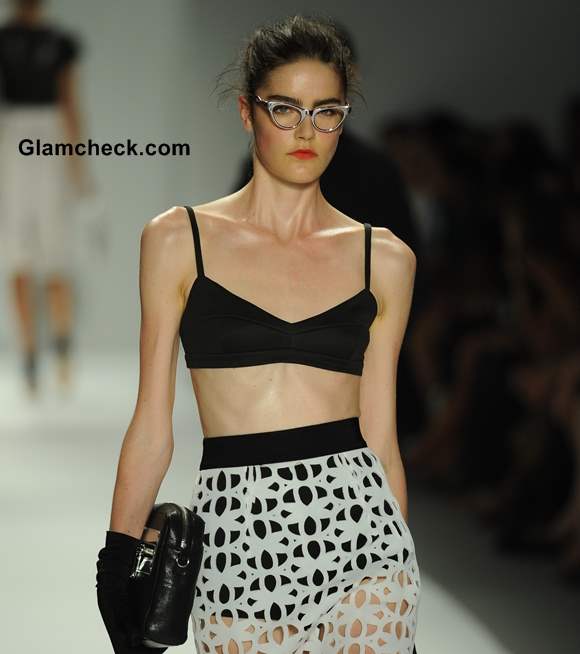 Monochrome Laser Cut Skirt Teamed with a Bralet by Michelle Smith S-S 2014