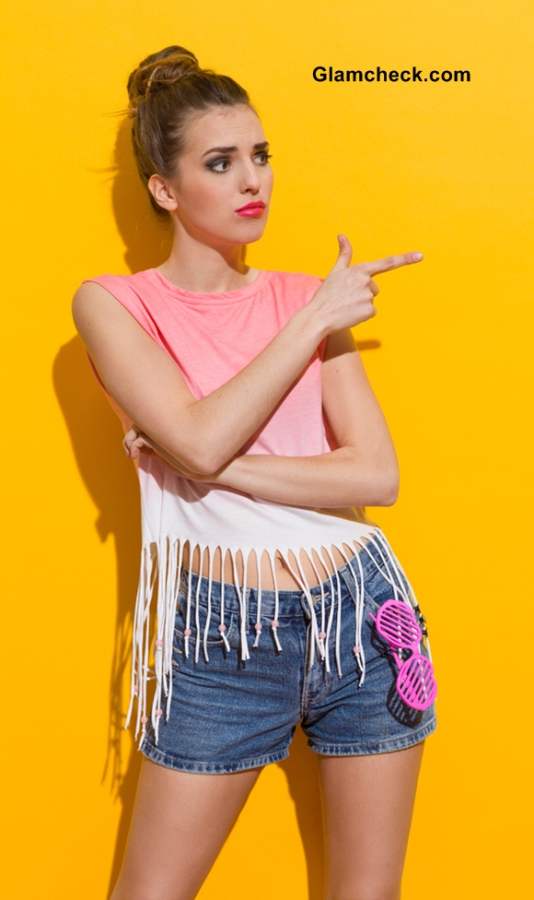 Denim Shorts on the Beach with Fringed Crop Top