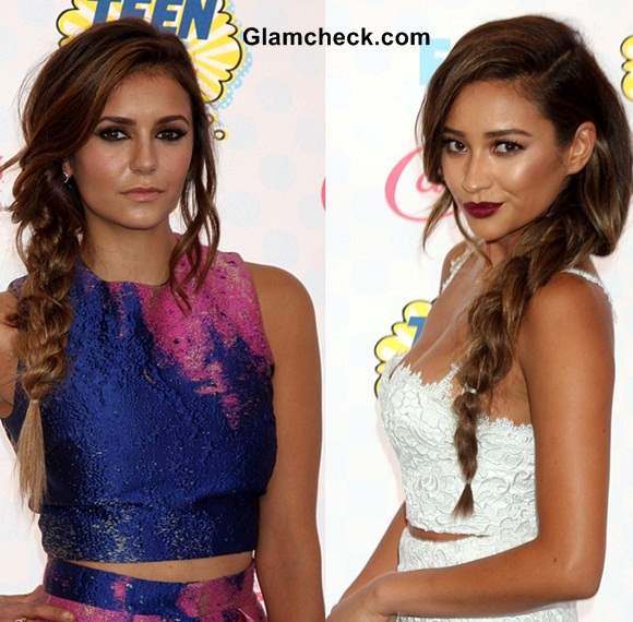 Gorgeous side braids at the 2014 Teen Choice Awards - Shay Mitchell and Nina Dobrev