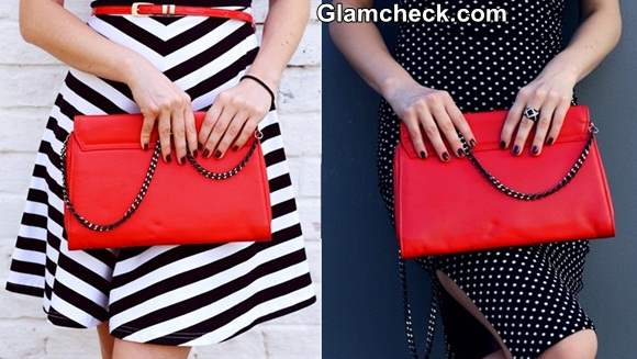 black and white outfit with red accessories