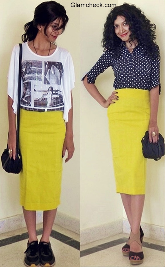 Yellow Pencil Skirt with Monochrome Top