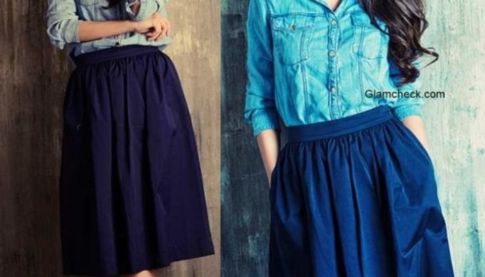 How to wear long denim shirt with Skirts