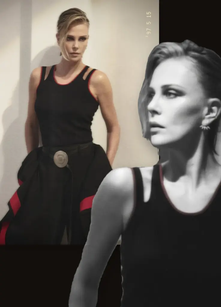 Charlize Theron in a black knitted sliced vest and voluminous wool pattern-piece trousers