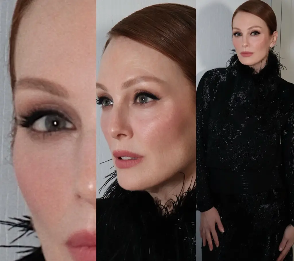 Julianne Moore wearing charcoal eyeshadow, dark eyeliner and defined lashes