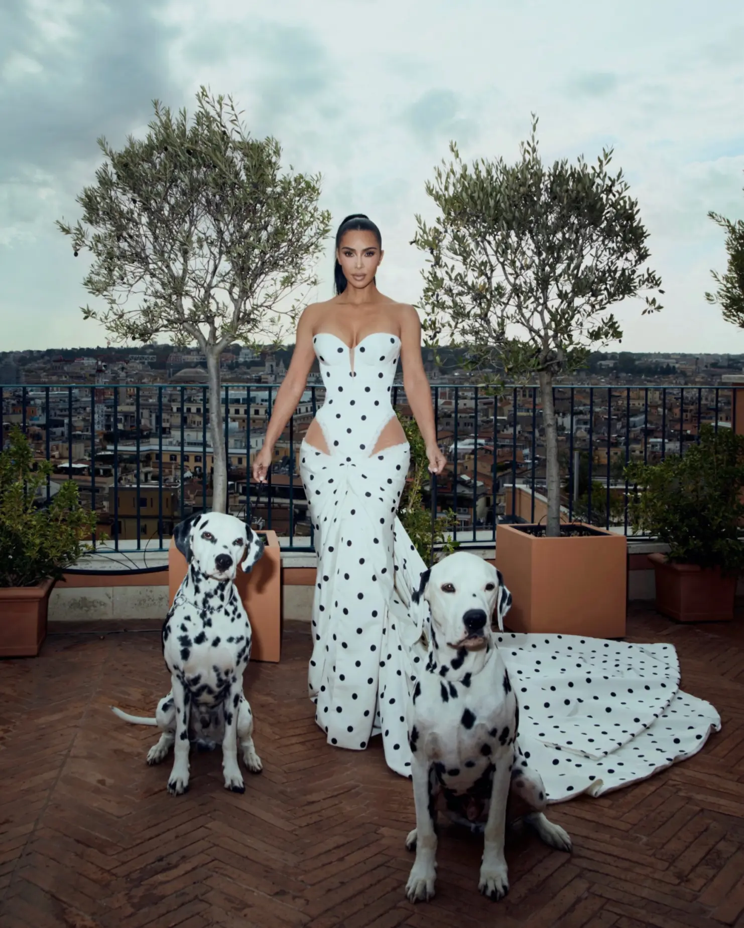Kim Kardashian in a black-and-white Galia Lahav polka-dot gown while promoting All’s Fair in Rome
