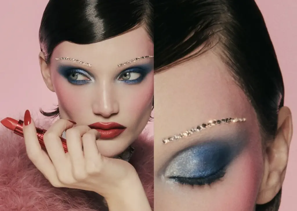 Holiday Makeup look Bejewel brows red lips blue eyes