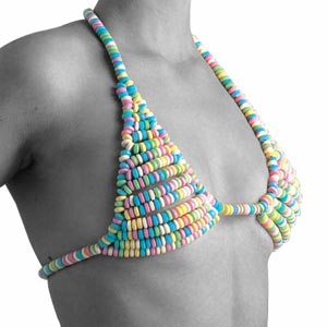 A decorative novelty bra with elaborate applied detailing