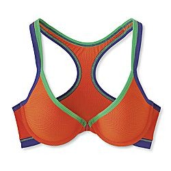 An orange racer-back bra with a front closure