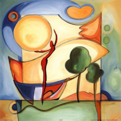 A pure abstract painting composed of overlapping colored shapes and free lines with no recognizable subject