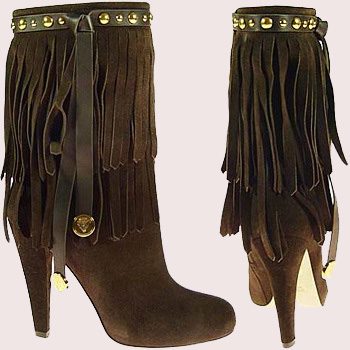 Fringed boots with layered leather fringing down the shaft