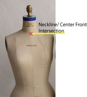 The intersection of the neckline and the center front on a dress form