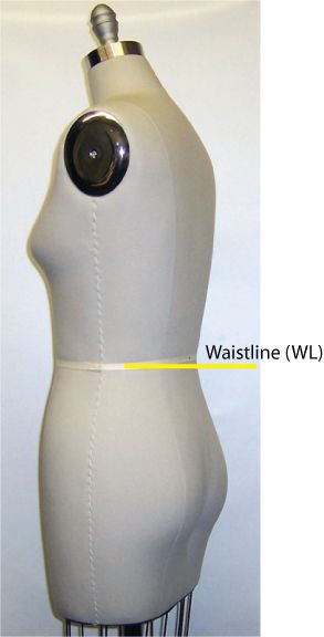 The waistline shown from another angle on a dress form