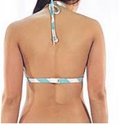 A halter bikini top fastening behind the neck