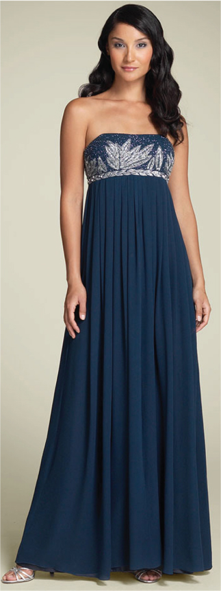An empire waistline seamed just below the bust with an A-line skirt