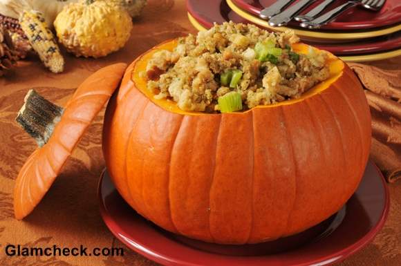 Turkey and celery stuffing in a pumpkin